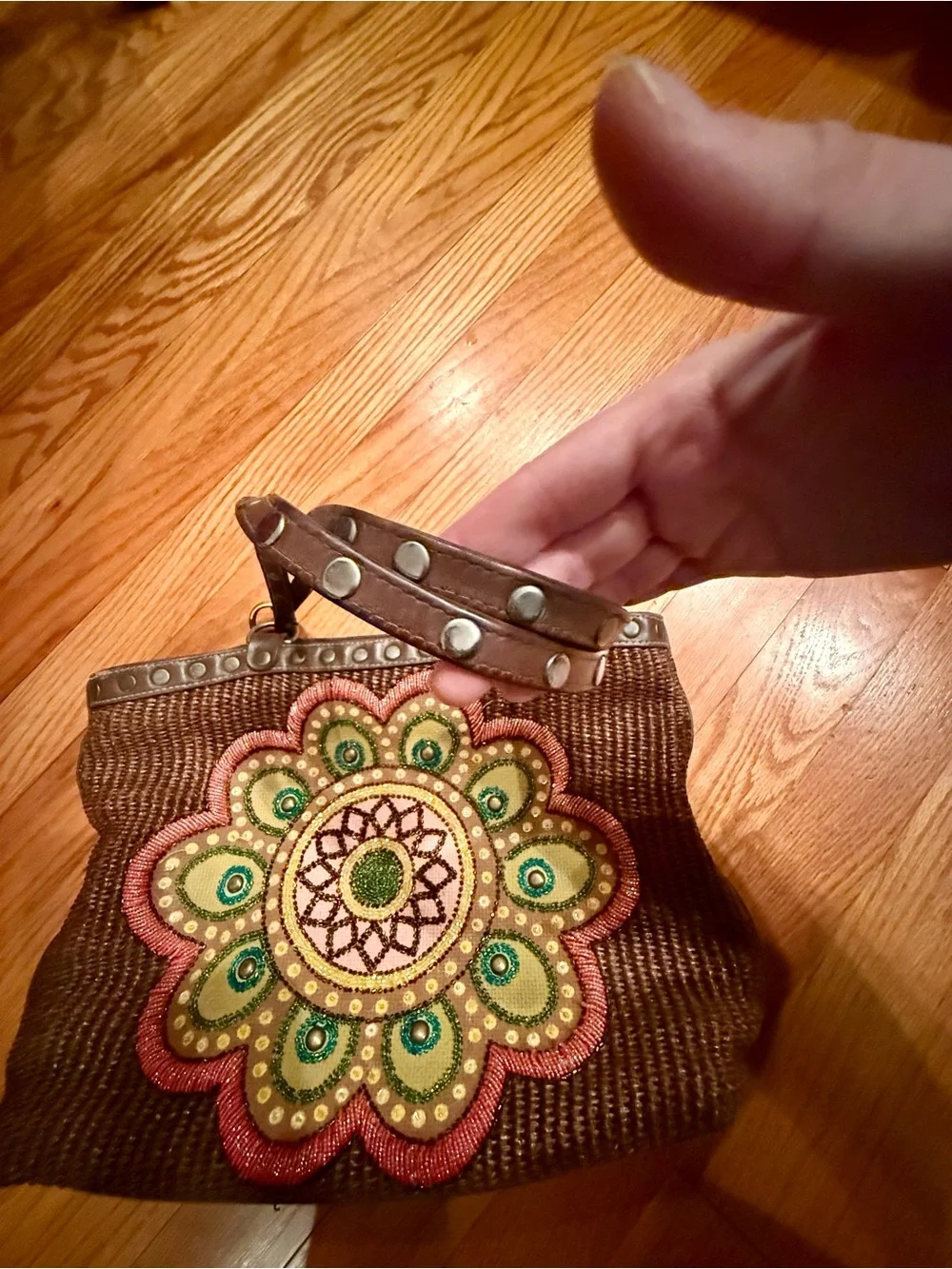 Isabella Fiore Brown Woven Shoulder Bag Beaded Mandala Pink & Green